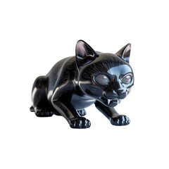 A sleek futuristic black cat sculpture lurking in the shadows exuding on transparent background