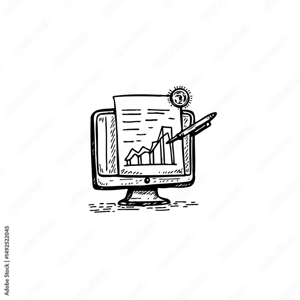 Poster digital analysis: a hand-drawn illustration of data evaluation on a computer screen