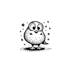 Whimsical bird character amidst twinkling stars in a black and white illustration