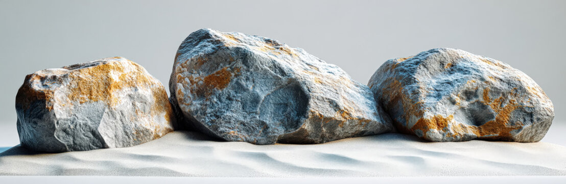 Three large rocks are on a sandy beach. The rocks are grey and have a rough texture. The scene is peaceful and serene, with the rocks providing a sense of stability and strength