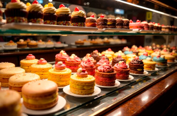 Close-up photograph of a pastry display filled with delicious desserts and sweets. Perfect for bakery, cafe, and food marketing. High-quality image capturing textures.