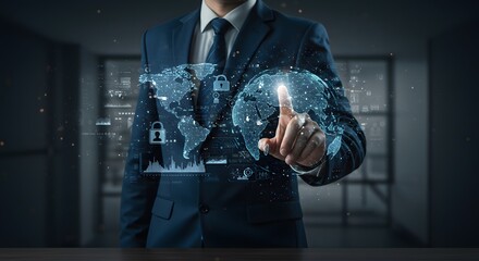 Businessman Presenting with Holographic Globe