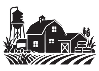 Classic Farm Scene Silhouette Illustration Perfect for Agricultural Businesses