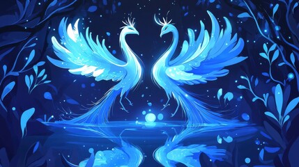 Obraz premium Mystical blue peacock by a pond under moonlight in an enchanted forest.