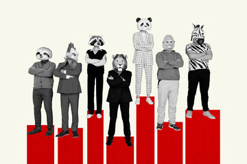 Contemporary artwork collage of anonym business people wear quadrober mask animal team building...