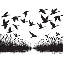 Geese in Flight Silhouette over Wetlands Vector Illustration