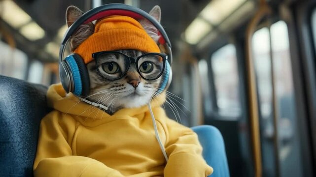 Funny cat in glasses and headphone, wearing a yellow hoodie and orange beanie, sitting on a train on a transit trip, funny animal realistic video.