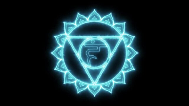 Vishudha. Neon illumination of chakra symbols. Simple animation of glow and flicker.
