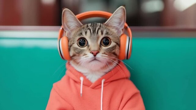 Funny tabby cat wearing orange hoodie and headphones, listening to music, funny animated video. Cute animal in stylish outfit, funny pet entertainment animation.