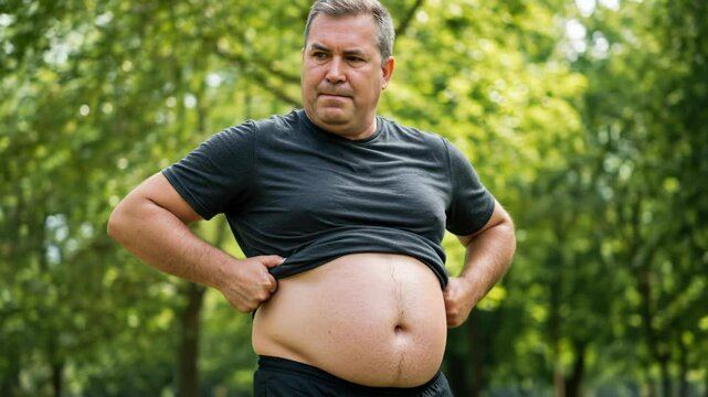Middle-aged man outdoors lifts shirt to reveal belly, showing concern about weight and health &ndash; concept of body image and lifestyle choices