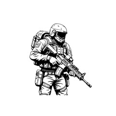 Monochrome stylized illustration of a soldier with rifle in tactical gear