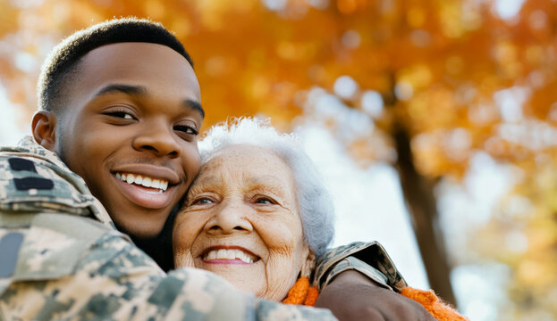 Armed Forces Day smiling african american male soldier in uniform greeting elderly woman outside home - Powered by Adobe