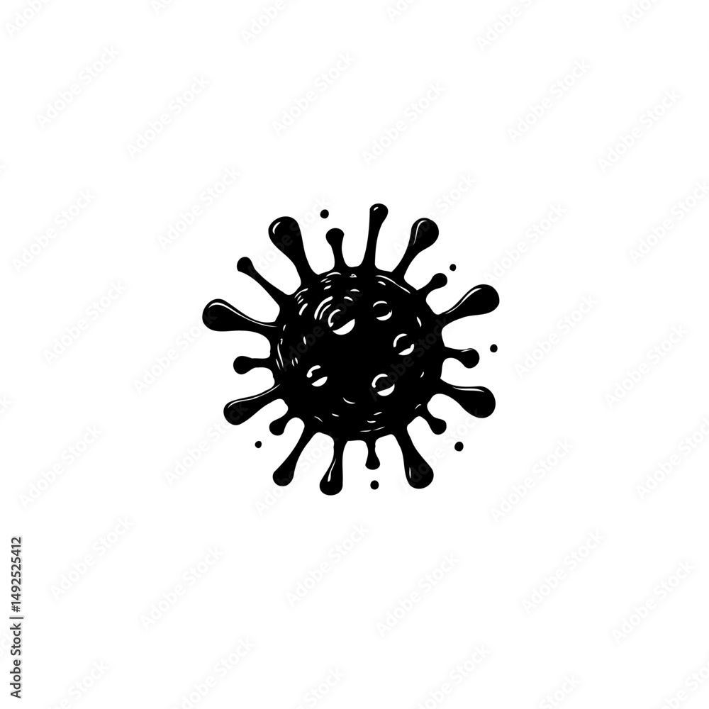 Poster monochrome depiction of a virus cell with irregular projections and texture