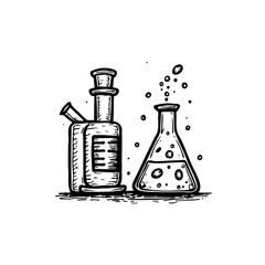 Illustrated science apparatus featuring a conical flask and a rectangular container