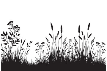 Wild Grass and Flowers Vector Silhouette Landscape Illustration