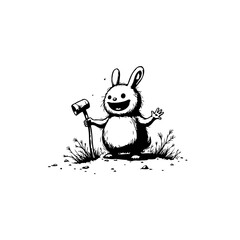 Whimsical monochrome illustration of a joyful bunny wielding a mallet amidst vegetation