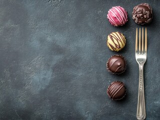 Assorted Chocolate Truffles with Fork on Dark Background Overhead Still Life Food Photography Dessert Sweet Treat