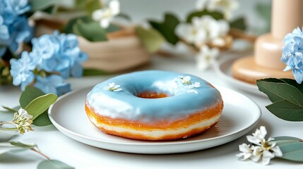 Light blue glazed donut with flowers sweet pastry dessert food photography