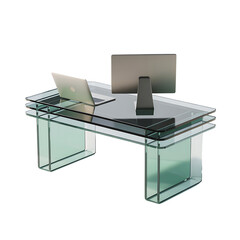 Modern glass desk beckons creativity and focus at work with laptop monitor on transparent background