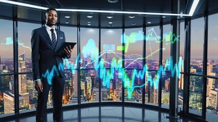 Businessman is using a tablet and analyzing stock market data projected on a glass wall in a modern office overlooking new york city at sunset, representing investment, finance, and technology - Powered by Adobe