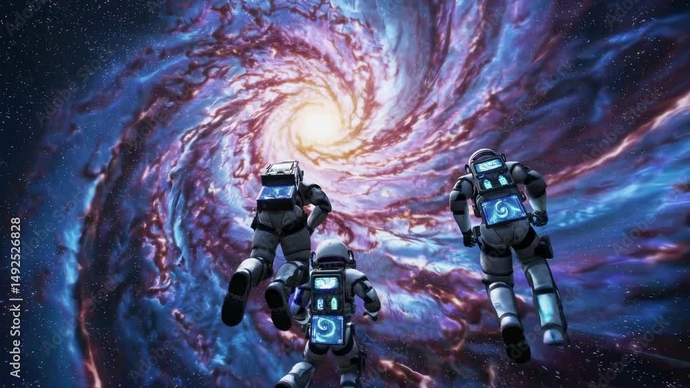 Poster three astronauts are jetting through space, approaching the mesmerizing swirl of a spiral galaxy, th