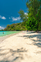 Beautiful beach with palms and turquoise sea in Jamaica island.