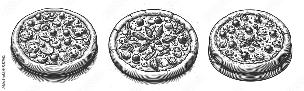Poster pizza set collection bundle sketch engraving generative ai raster illustration. scratch board imitat