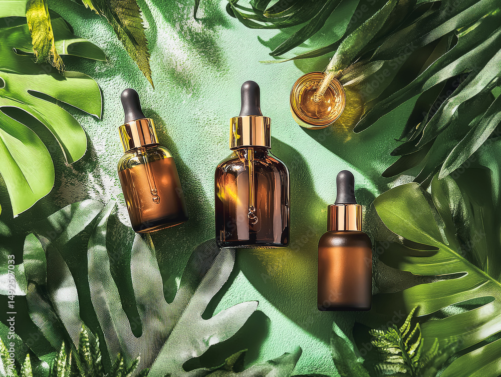 Aufkleber three bottles of perfume are displayed on a green background. the bottles are arranged in a way that