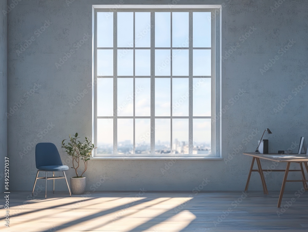 Poster empty room with a large window and a desk