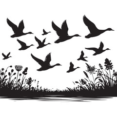 Majestic Geese Flying Silhouette Over Tranquil Waters Vector Illustration