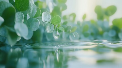 Delicate eucalyptus leaves and water droplets
