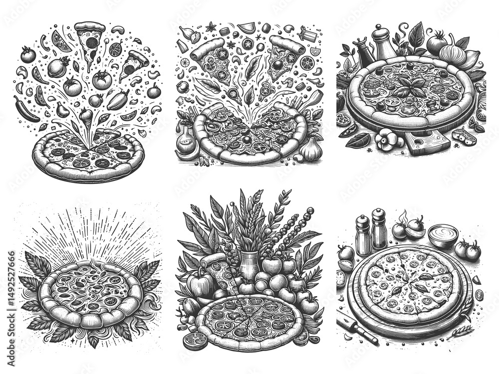 Poster pizza set collection bundle sketch engraving generative ai raster illustration. scratch board imitat
