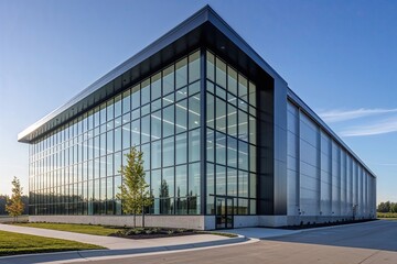 Fototapeta premium Modern Distribution Center Design Featuring Cutting-Edge Architecture Expansive Glass Facades and Steel Cladding