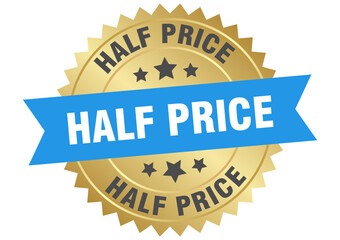 Obraz premium half price. half price round blue and gold label isolated on transparent background
