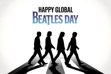 Happy global beatles day illustration with band silhouette crossing abbey road zebra crossing