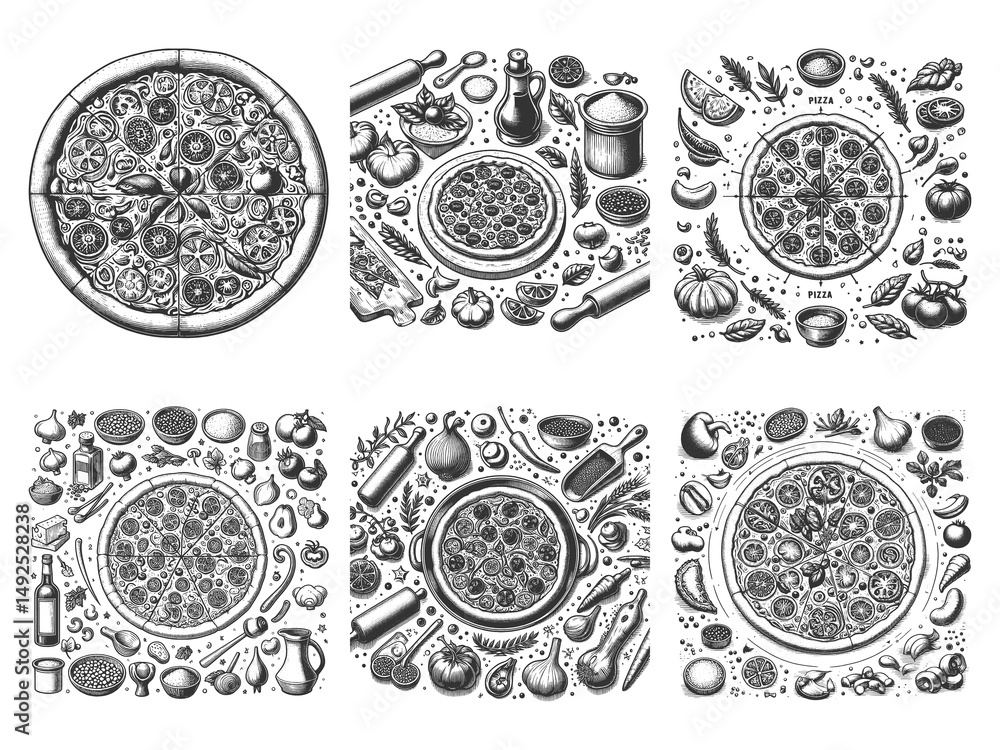 Poster pizza set collection bundle sketch engraving generative ai raster illustration. scratch board imitat