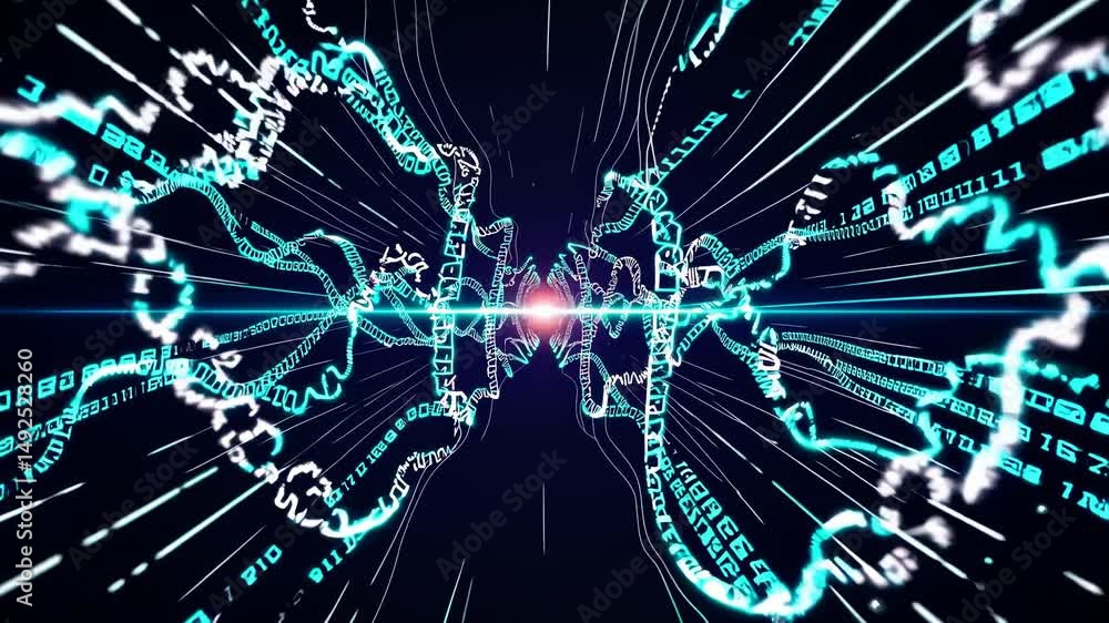 Poster binary code forming swirling lines and light trails converging into a central point in digital cyber