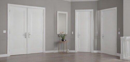 Fototapeta premium Modern white wooden interior doors, various open/closed positions , home decor, shaker door