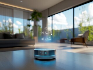 Smart home assistant device projecting holographic weather interface in living room.