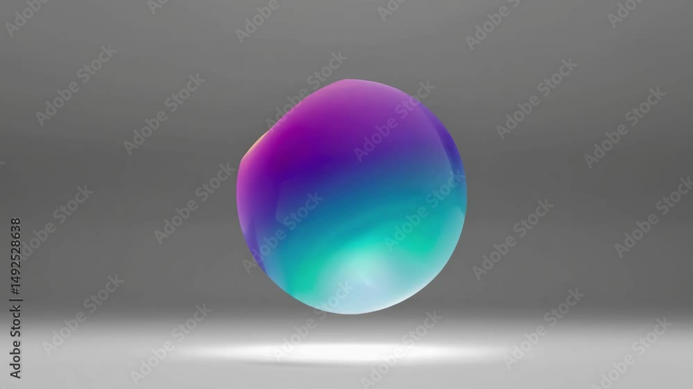 Poster vibrant, multicolored sphere floats above a gray surface, illuminated from below, creating a captiva