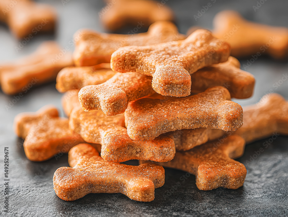 Poster stack of bone shaped dog biscuits. the biscuits are stacked on top of each other and are brown in co