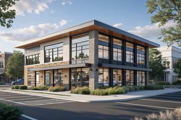 Contemporary Retail Small Office Building with Parking Area and Walkway