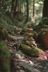 Obraz premium Rock Cairn Stack in Forest, Balance Art on Hiking Trail, Eye-Level Shot, Tranquil Scene in Nature, Outdoor Zen