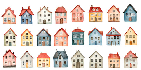 Watercolor set of Scandinavian houses on a white background. Ideal for greeting cards, clip art, kids stickers, nursery prints, DIY projects, winter crafts, and cozy seasonal illustrations.