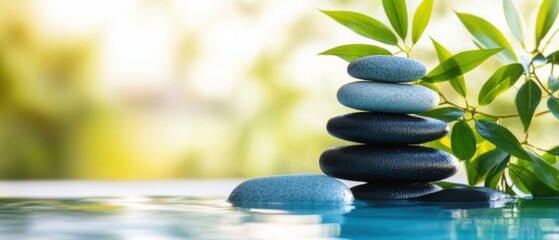 Obraz premium Serene Stone Stack in Water with Green Leaves Close Up Shot for Spa Wellness Meditation and Balance Concept