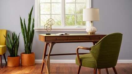 Fototapeta premium Mid-Century Modern Home Office with Vintage Wooden Furniture and Natural Light