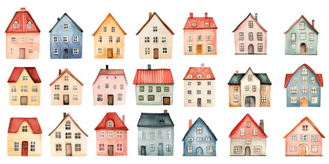 Watercolor set of Scandinavian houses on a white background. Ideal for greeting cards, clip art, kids stickers, nursery prints, DIY projects, winter crafts, and cozy seasonal illustrations.