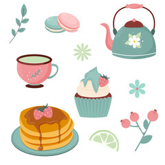 Pancakes, teapot, botanical elements, baked goods in flat style. 