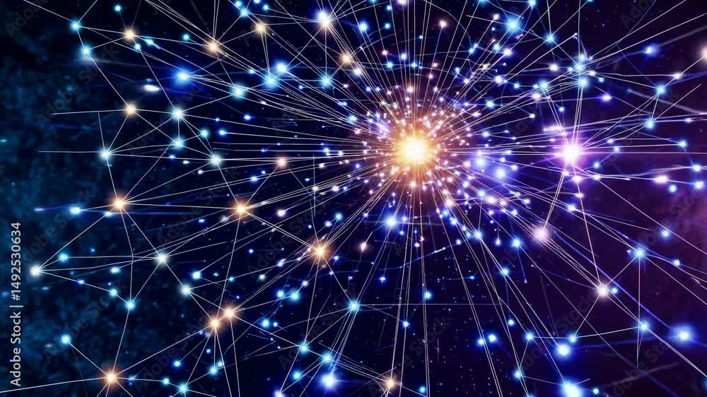 Poster numerous interconnected nodes form a bright expanding network, symbolizing a complex system with lin