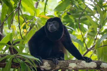Black howler monkey in lush jungle.